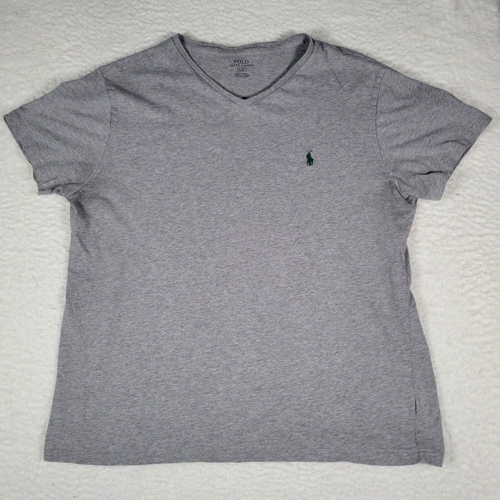 Polo Ralph Lauren V-Neck T-Shirt Women Size L Gray Short Sleeve Pony Logo Cotton